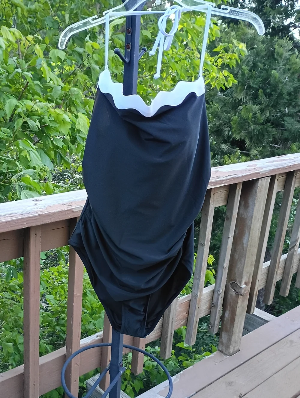 J. Crew 1-Piece Black Swimsuit with White Scallop Trim sz L NEW
